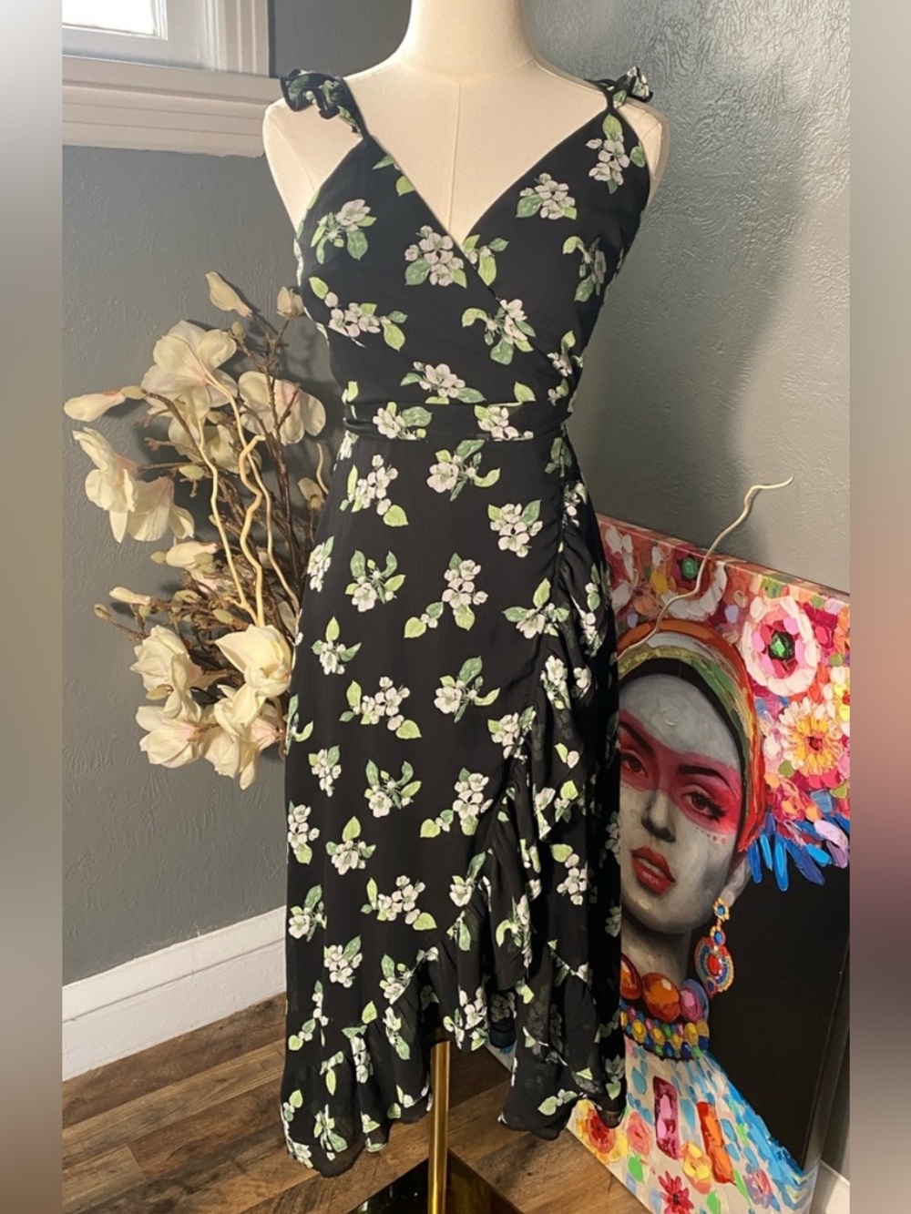 Audrey Parks Francesca’s Floral Wrap Midi Dress Small Cottagecore Romantic